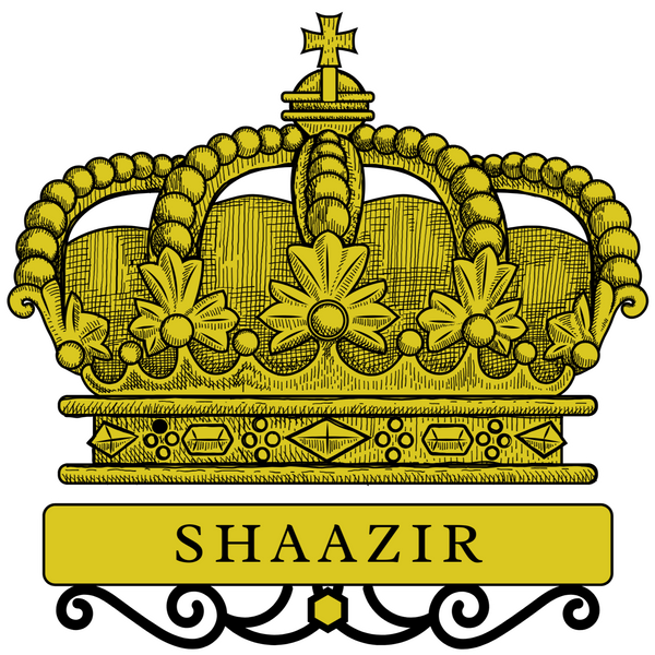 Decorative yellow crown with 'SHAAZIR' text on a white background